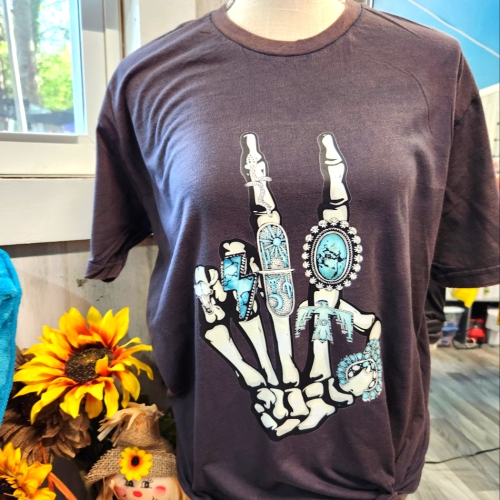 Washed black soft unisex tee with turquoise peace hand screen print